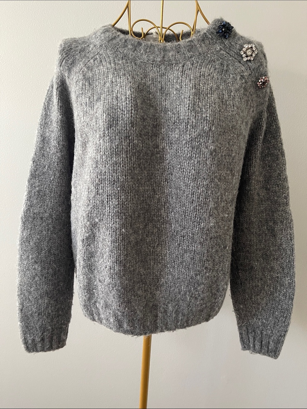 ba&sh Grey Crewneck Sweater with Jeweled Shoulder Accents